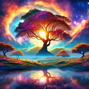 Fantasy tree in front of a starry sky with colorful clouds in the universe. AI generated image. Bright colors with old tree on a hill.