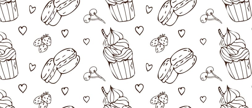 Hand drawn cupcake and macaroons, cherry, strawberry, hearts background. Vector illustration isolated. Pattern can used for greeting card, invitation, menu background, poster, textile, wrapping paper
