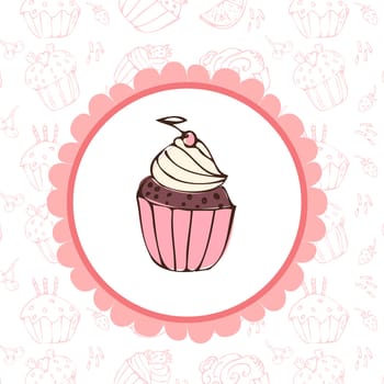 cute cupcake background template for bakery. Vector illustration with outline doodle pink cupcake background and label with muffin icon with cherry. Hand drawn sketch food pattern for bakery. Vintage style.