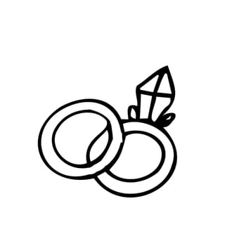 hand drawn sketch of wedding rings for pair, one ring with diamond Vector illustration isolated. Doodle drawing icon can used for invitation design, greeting card, celebration banner.