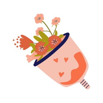 Menstrual cup with flowers and leaves. Eco protection for woman in critical days. Organic reusable concept of hygiene products for woman. Female menstruation cup icon.