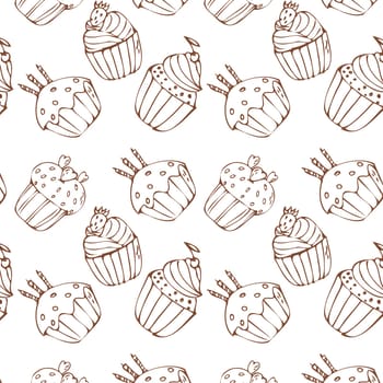Doodle cupcake with candle outline background for banner. Vector illustration isolated. Pattern can used for greeting card, invitation, menu background, poster, textile, wrapping paper.