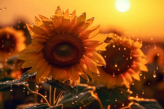 Sunflowers and raindrops during yellow sunset, generative ai