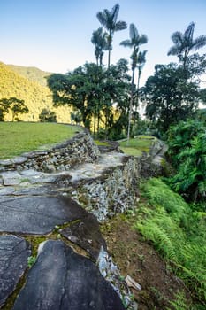 Hidden ancient ruins of Tayrona civilization Ciudad Perdida in the heart of the Colombian jungle Lost city of Teyuna. Santa Marta, Sierra Nevada mountains, Colombia wilderness