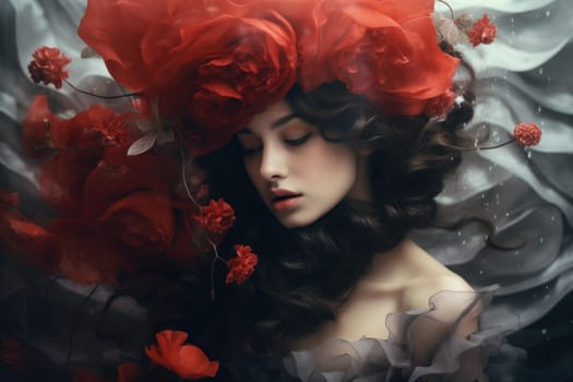 Vibrant Woman model photography. Lady with floral. Generate ai