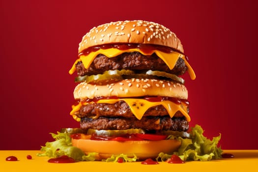 Pile burgers red background. Meat fresh. Generate Ai