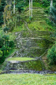 Hidden ancient ruins of Tayrona civilization Ciudad Perdida in the heart of the Colombian jungle Lost city of Teyuna. Santa Marta, Sierra Nevada mountains, Colombia wilderness
