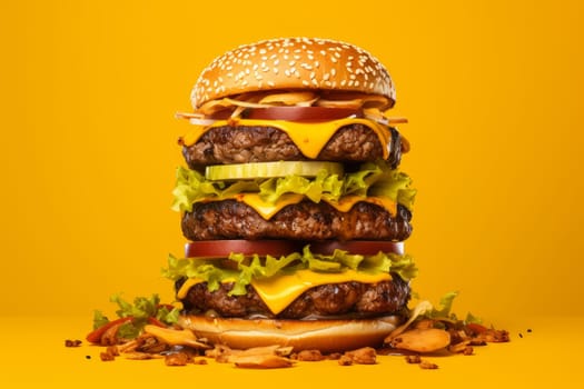 Abundant Pile burgers orange background. Meat fresh. Generate Ai