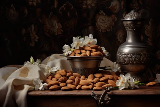 Slightly bitter Pieces almonds. Healthy nut piece. Generate Ai