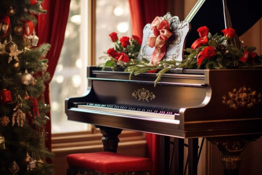 Ornate Piano with Christmas decoration season. Room design New Year. Generate Ai