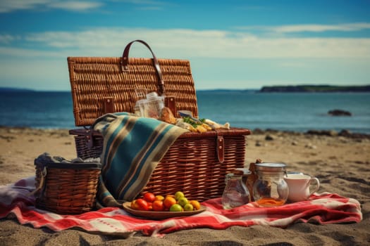 Woven Picnic basket beach. Sky party summer. Generate Ai