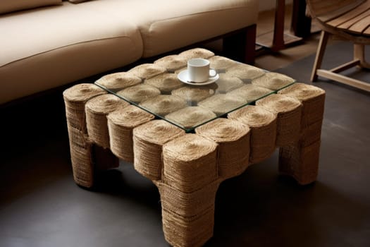 Textured Pieces burlap fabric wooden table. Linen cloth flax sack textile. Generate Ai