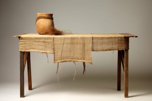 Pieces burlap fabric wooden table. Linen cloth flax sack textile. Generate Ai