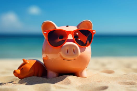 Sandy Piggy bank on beach. Tropical save holiday. Generate Ai