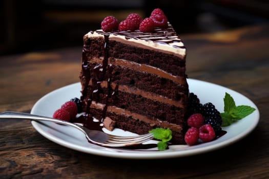 Piece chocolate cake. Brown piece pie. Generate Ai