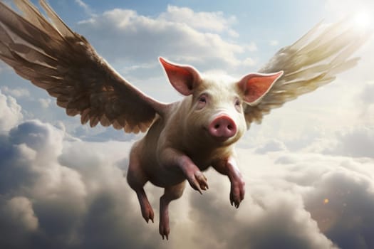 Pig flying wings. Nature sky swine. Generate Ai