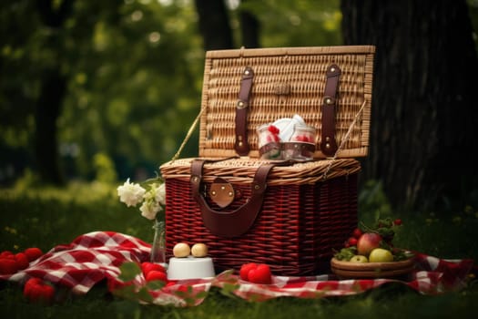 Traditional Picnic basket. Summer outdoor vacation. Generate Ai