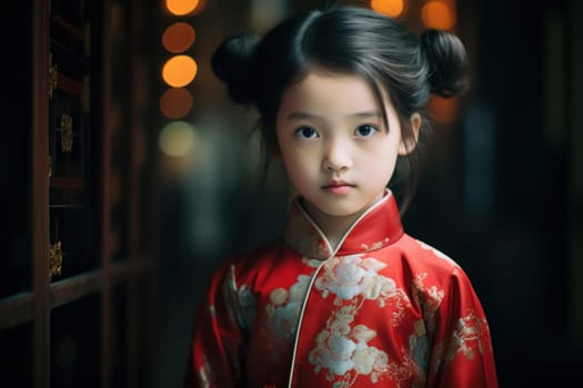 Photography of Chinese little girl. Cute adorable Asian girl posing in outdoor sunlight. Generate ai