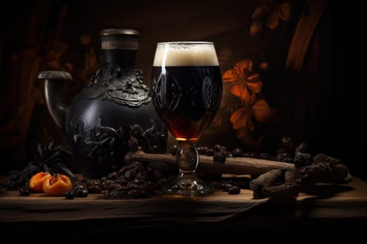 Rustic Dark beer glass on wooden table. Water pint mug ale pub. Generate Ai