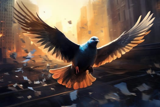 Free Pigeon flying. Birdie sky decoration. Generate Ai