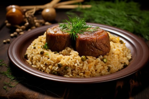 Aromatic Pilaf meat bowl asian. Food table. Generate Ai