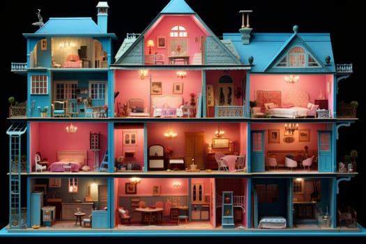 Miniature Pink doll house. Wood interior house. Generate Ai