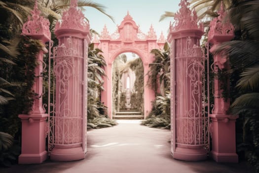 Pink gates paradise. Floral tree party wedding love. Generate Ai