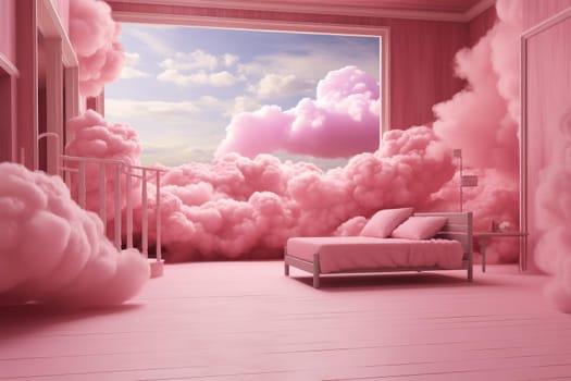 Whimsical Pink clouds room. White sweet candy. Generate Ai