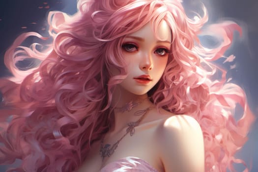 Delicate Asian pink anime girl. Woman beauty. Generate Ai