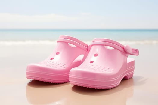 Durable Pink beach shoes from rubber on sand. Summer travel marine pair. Generate Ai
