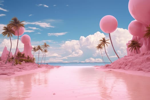 Mesmerizing Pink beach surreal. Tropical retro. Generate Ai