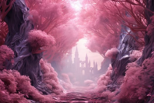 Enchanting Pink forest. Magic nature woods. Generate Ai