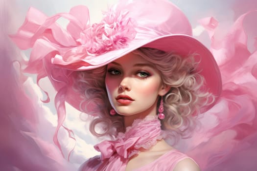 Lady with pink. Happy cute model with smiling face. Generate AI