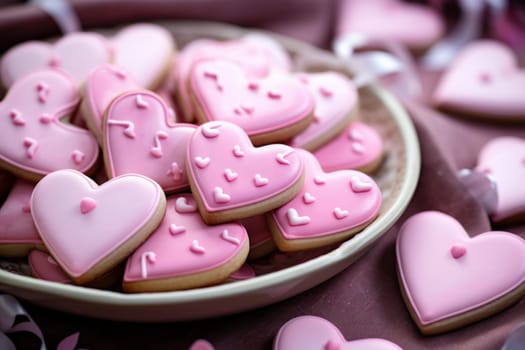 Sweet Pink colorful heart cookies. Sugar sweet dessert romantic pastry. Generate Ai