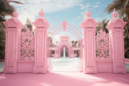 Mystical Pink gates paradise. Floral tree party wedding love. Generate Ai