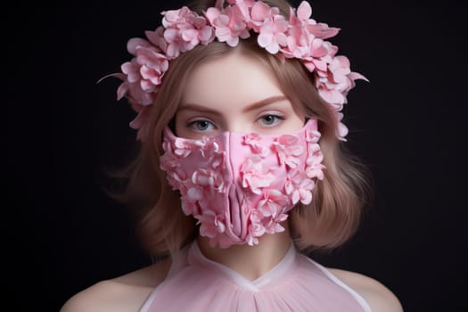Fragrant Pink flowers mask. Cute lady. Generate Ai