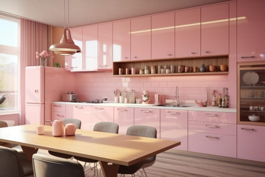 Pink kitchen. Modern furniture home. Generate Ai