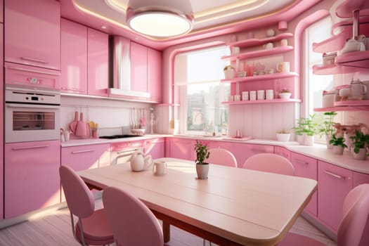 Charming Pink kitchen. Modern furniture home. Generate Ai