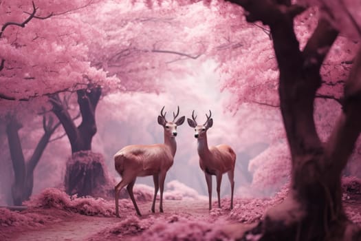 Pink forest deers view landscape. Nature panorama natural animal hill. Generate Ai