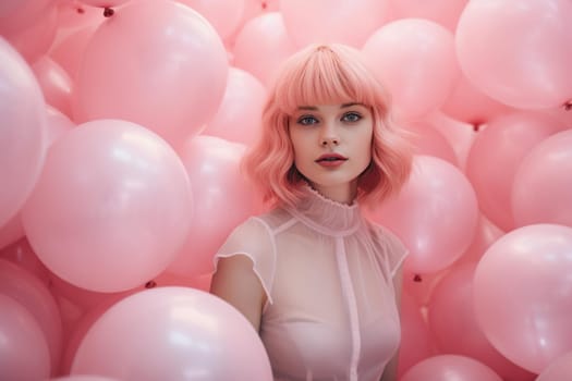 Vibrant Lady with pink balloons background. Studio woman event with party looking. Generate AI