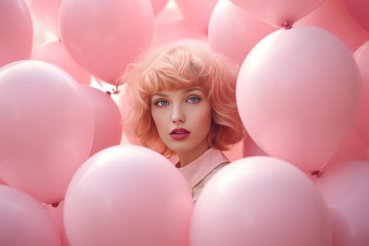 Lady with pink balloons background. Studio woman event with party looking. Generate AI