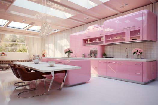 Bright Pink kitchen modern. Decor wall. Generate Ai