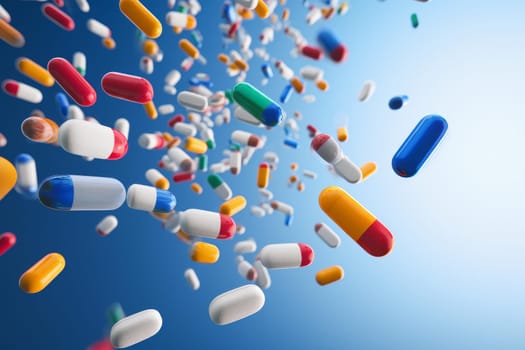 Pills falling. Medicine capsule treatment. Generate Ai