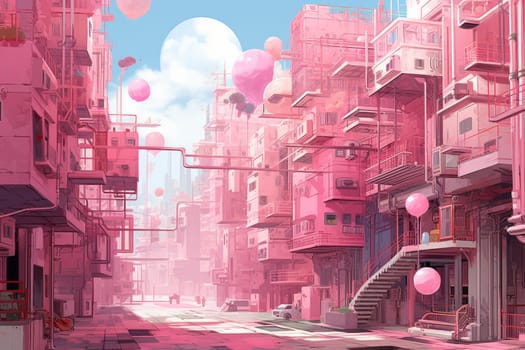 Futuristic Pink digital city. Abstract building. Generate Ai