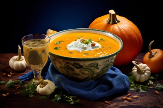 Creamy Pumpkin soup. Healthy hot plate. Generate Ai