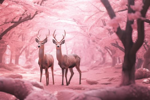 Serene Pink forest deers view landscape. Nature panorama natural animal hill. Generate Ai
