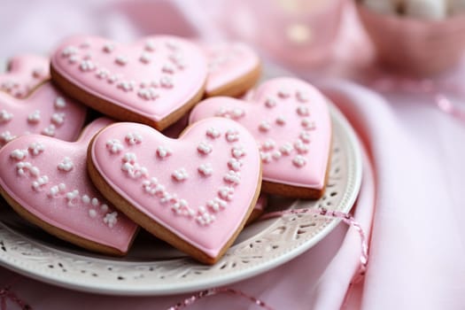 Festive Pink colorful heart cookies. Sugar sweet dessert romantic pastry. Generate Ai