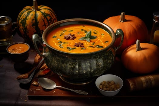 Comforting Pumpkin soup. Healthy hot plate. Generate Ai