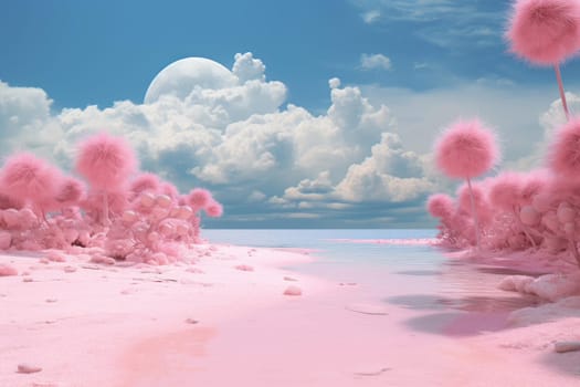 Picturesque Pink beach surreal. Tropical retro. Generate Ai