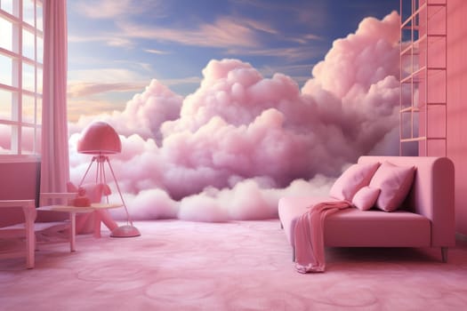 Pink clouds room. White sweet candy. Generate Ai
